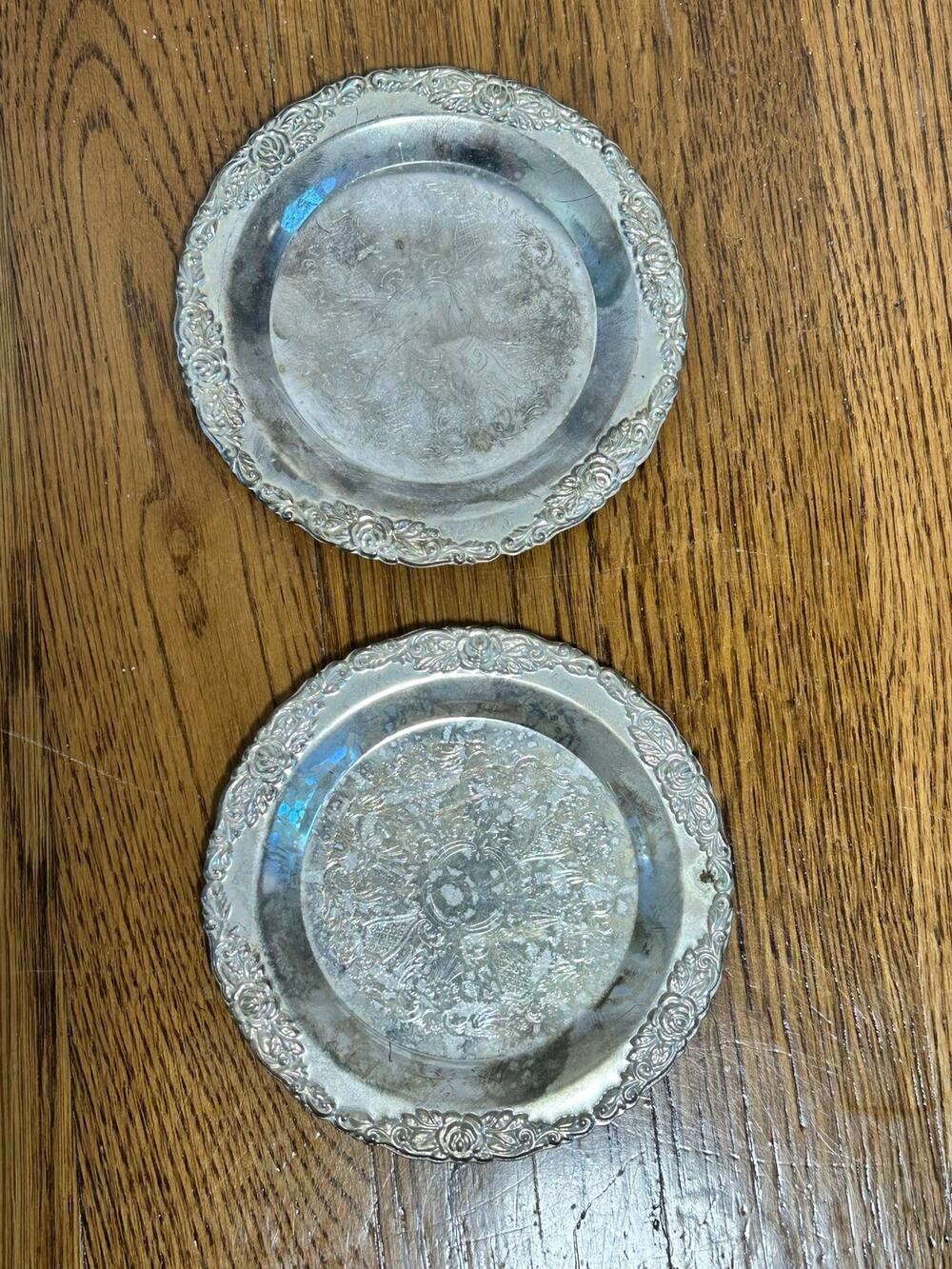 Vintage Silver Tone Floral Set of 2 Rose Embossed Small Vanity or Trinket Plates